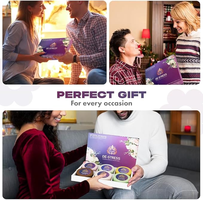 Shower Steamers Gift Set – 6 Aromatherapy Shower Bombs with Essential Oils – Relaxation & Stress Relief Spa Gift for Women & Men – Natural Self-Care Shower Fizzies – Home Spa Kit – De-Stress Scents