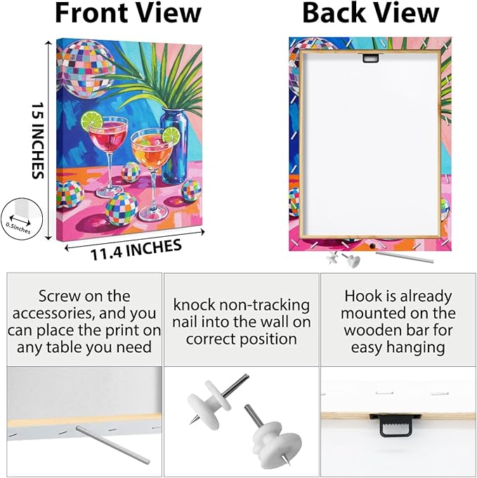 Disco Cocktail Print Wall Art, Retro Disco Ball Maximalist Canvas Framed Prints Modern Decorations, Funky Poster for Bar Cart Decor Living Room Entryway Bedroom Aesthetic