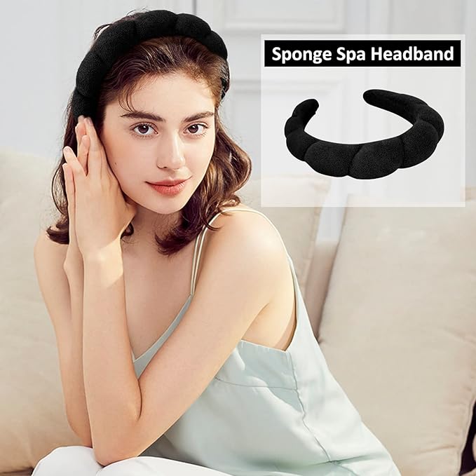 AMCAMI 2 PCS Puffy Spa Headband for Women Sponge Headbands for Girls Terry Towel Cloth Fabric Head Band for Skincare, Makeup Removal, Face Washing, Facial Mask, Shower, Hair Accessories (Black&White)