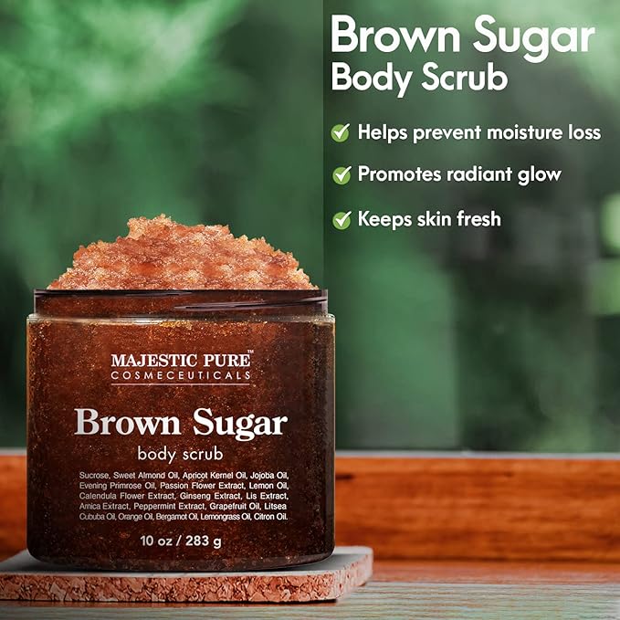 MAJESTIC PURE Brown Sugar Body Scrub for Cellulite and Exfoliation - Natural Body Scrub - Reduces The Appearances of Cellulite, Stretch Marks, Acne, and Varicose Veins, 10 Ounces