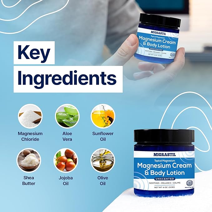 MIGRASTIL Topical Magnesium Cream & Body Lotion 4oz. - Promotes Sleep and Soothing Relief for Sore Muscles, Leg Cramps, Etc. Made in The USA.