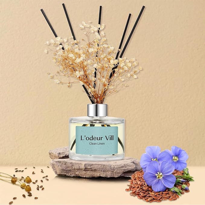 L'odeur Vill Reed Diffuser Set, 6.7 oz(200ml) Clean Linen Scented Diffuser with 6 Oil Diffuser Sticks, Home Fragrance Essential Oil Reed Diffuser for Home Large Rooms Bathroom Shelf Decor