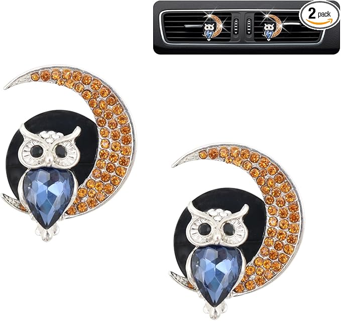 2pcs Owl Moon Air Vent Clip Car Air Freshener Bird Bling Blue Car Accessories for Women Teens Gothic Car Decor Dazzling Car Diffuser Outlet Clips