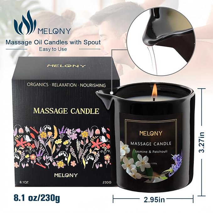 MELONY Luxury Massage Candle - Moisturising, Body Oil Candles for Muscle Relaxation, Home Spa, 8.1OZ (Jasmine & Patchouli)