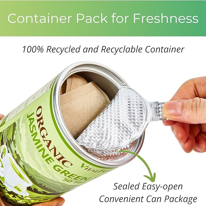 Organic Jasmine Green Tea Bags| 50 Count Unbleached ECO-Conscious Jasmine Tea Bags| VitalForest Te Verde Organico Natural Green Tea Loose Leaf| Canister Pack for Freshness