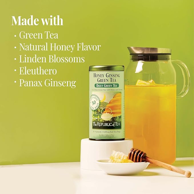The Republic of Tea Honey Ginseng Green Tea, 50 Tea Bags, Relaxing Chinese Green Tea Gourmet Blend
