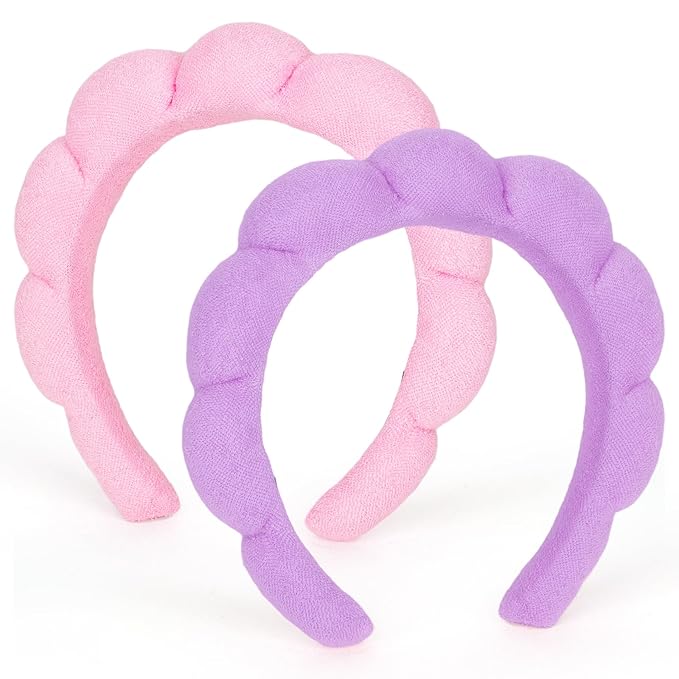 AMCAMI Puffy Spa Headband for Women Sponge Headbands for Girls 2 PCS Terry Towel Cloth Fabric Head Band for Skincare,Makeup Removal,Face Washing,Facial Mask,Shower,Hair Accessories(Purple&Light Pink)