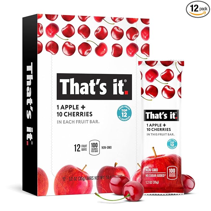 That's it. Apple + Cherry 100% Natural Real Fruit Bar, Best High Fiber Vegan, Gluten Free Healthy Snack, Paleo for Children & Adults, Non GMO No Sugar Added, No Preservatives Energy Food (12 Pack)