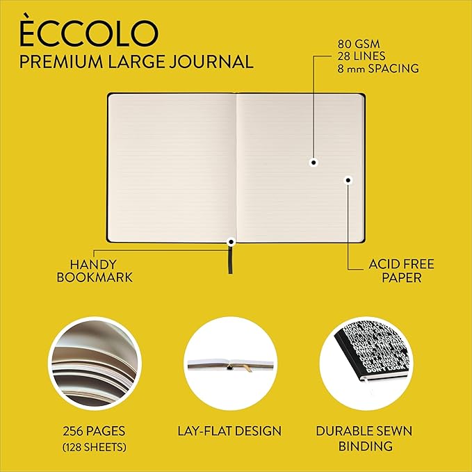 Eccolo Large Lined Journal Notebook, Flexible Cover, Writing Journal, 256 Ruled Ivory Pages, Ribbon Bookmark, Lay Flat, Desk Size for Work or School, Be Bold (Black, 8x10 inches)