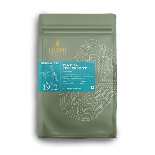 Luxmi Estates Vanilla Peppermint Organic Peppermint Tea (50 Tea Bags) Caffeine Free Tea Bags For Relaxing, Calming, and Stress Relief, With Certified Organic Herbal Tea