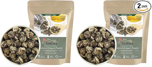 FullChea - Jasmine Pearl Tea - Jasmine Dragon Pearls - Loose Leaf Green Tea - Jasmine Green Tea with Delightful Aroma 4oz / 113g (Pack of 2)
