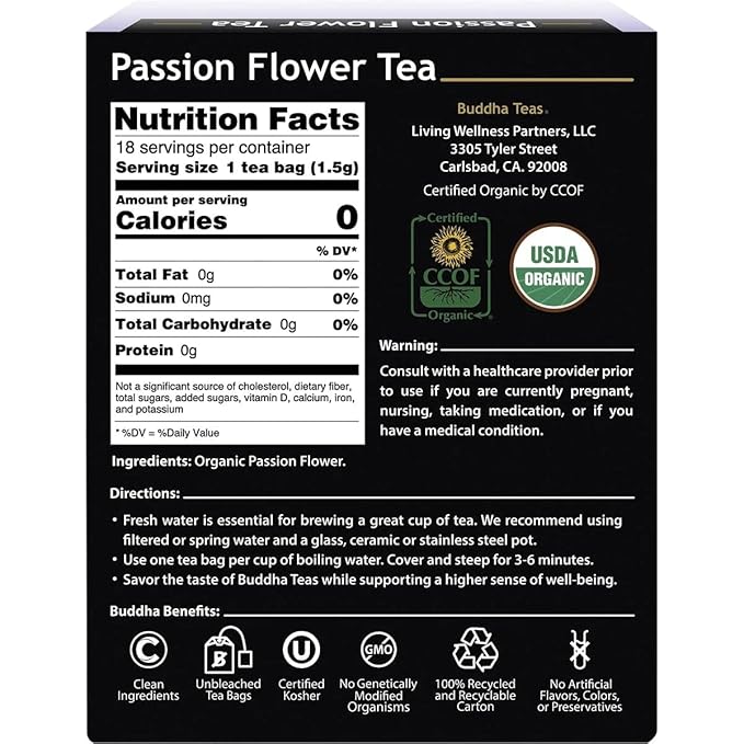 Buddha Teas Organic Passion Flower Tea - OU Kosher, USDA Organic, CCOF, 18 Bleach-Free Tea Bag