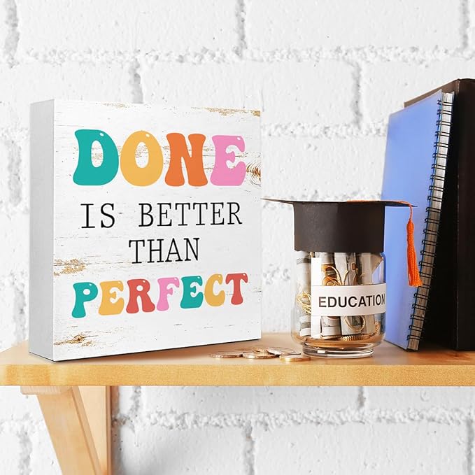 Inspirational Gift Small Office Decor, 5x5x1 INCH Anxiety Relief Cheer Up Wood Box Sign, Done Is Better Than Perfect Are Wooden Block Sign, Motivational Gift For Coworker Employee Friend