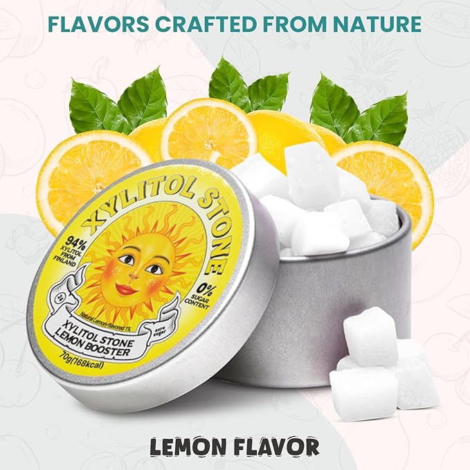 Xylitol Stone Sugar Free Candy - Vegan & Keto Friendly Unique Hard Candy - 100% Natural Flavor Candies - Gluten Free & Non-GMO Breath Freshener Low Calorie Mints - Lemon Booster (Pack of 1)