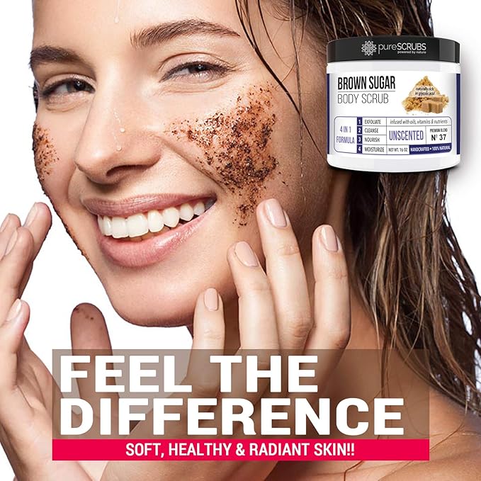 pureSCRUBS Premium Unscented Brown Sugar Body Scrub | Large 16oz Jar | Face, Feet & Full Body Scrub | Includes Wooden Spoon, Loofah & Mini Exfoliating Bar Soap