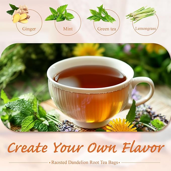WT WEETEE Roasted Dandelion Root Tea Bags, 100 Count Dandelion Tea with Light Earthy & Roasted Aroma, Natural Caffeine Free Herbal Tea, Coffee Alternatives