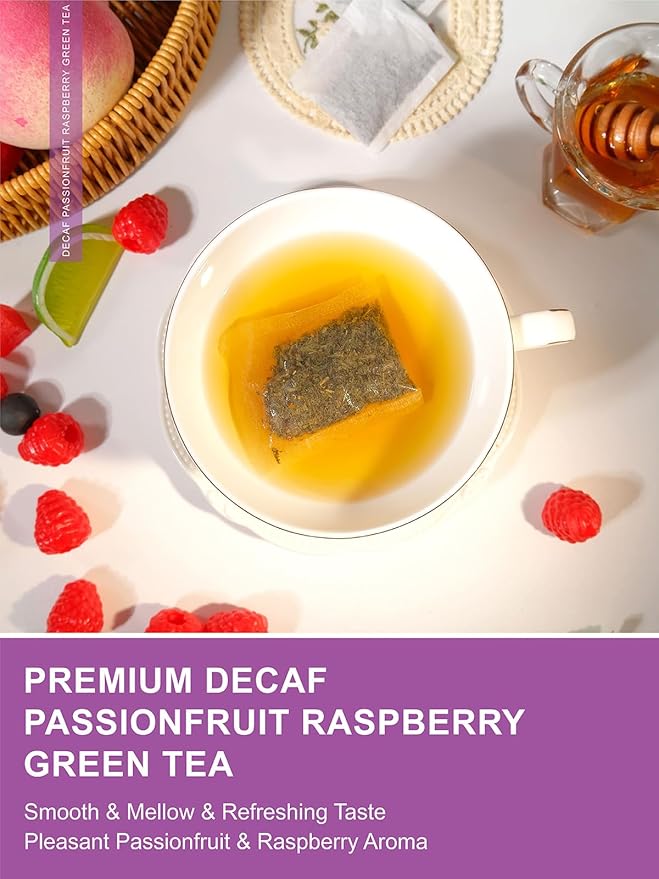 TeeLux Decaf Passionfruit Raspberry Green Tea, Passion Fruit & Raspberry Flavored Decaffeinated Green Tea, Aromatic & Refreshing, 100 Count
