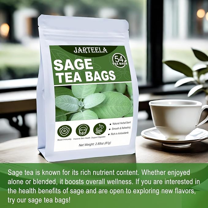 Jarteela - Sage Tea Bag, 1.5g x 54 Count - Natural Sage Leaf Salvia Officinalis Tea Bag - Non-GMO - Caffeine-free Herbal Tea -Support Digestion & Healthy Skin