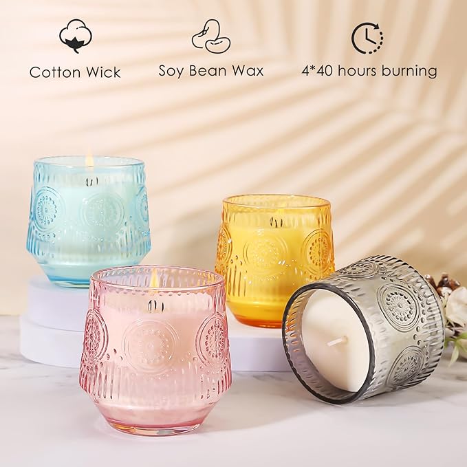 4 Pack Luxury Scented Candles Gift Set - 7oz Soy Wax Candles in Glass Jars, Gifts for Women - Vanilla Coconut, Eucalyptus Sage, Rose Oud, Sandalwood Patchouli