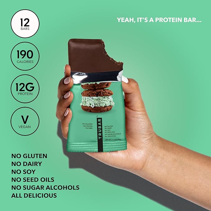 TRUBAR Vegan Protein Bars - Soy Free, Dairy Free, Gluten Free Protein Bars - No Sugar Alcohols - Non-GMO - 12g of Protein - It's Mint To Be Chip - 12 Count