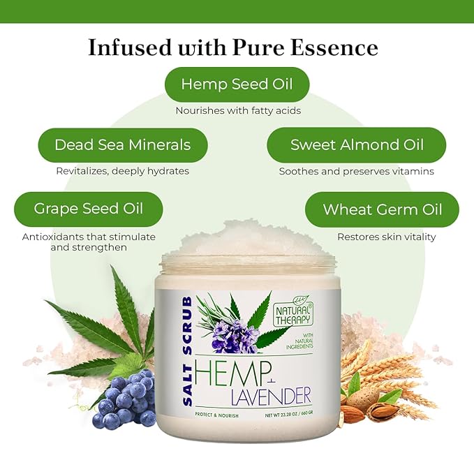 Natural Therapy Hemp & Lavender Salt Scrub – Exfoliating Body Scrub for Women – Moisturizing and Nourishing Skin – with Pure Oils and Dead Sea Minerals (23.28 Oz)