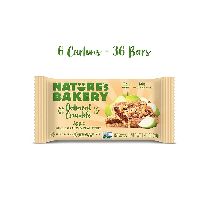 Nature's Bakery Oatmeal Crumble Bars, Apple, 6-6 Count Boxes (36 Bars), Vegan Snacks, Non-GMO