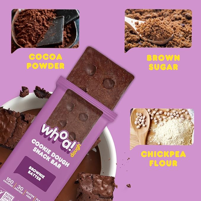 Whoa Dough Edible Cookie Dough Bars- Certified Non-GMO, Kosher and Gluten Free Bars - Healthy Snack Foods - Plant Based Snacks Made With Real Ingredients - Brownie Batter Cookie Dough - 4 Pack