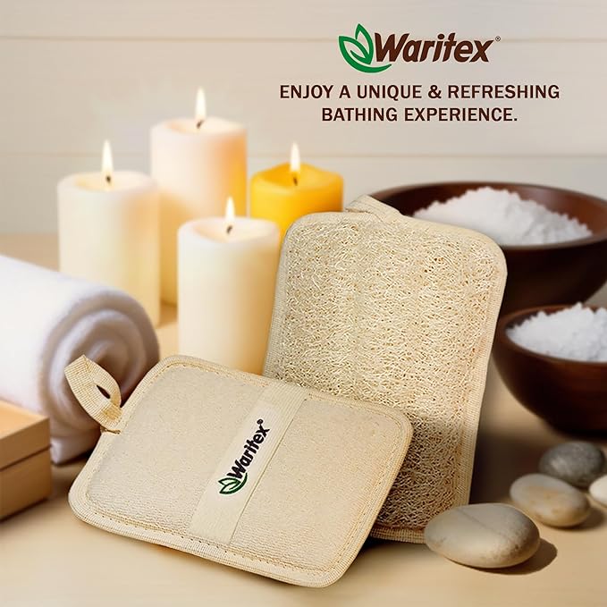 Waritex Egyptian Loofah Rectangular Body Scrubbers with Hand Strap, Exfoliating Bath Pads Made from Natural Egyptian Loofah Fibers, Gentle Deep Cleansing for Men and Women in Shower 2 Count (1 Pack)