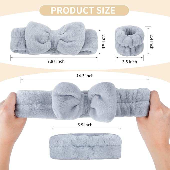 6 Pcs Spa Headband and Wristbands,Coral Fleece Makeup Cosmetic Headband for Washing Face, Bow Headbands for Shower Terry Cloth Headbands for Women Facial Hair Band