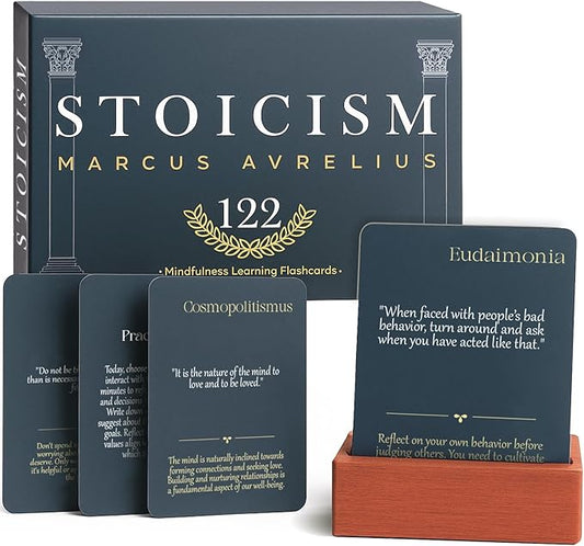 122 Daily Stoic Quotes with Explanations & Practices, Marcus Aurelius Stoicism Cards, Wooden Stand, Gift Box, Inner Strength Wisdom Stoic Reminders, Mindfulness Deck, Unique Home Office Gifts Décor