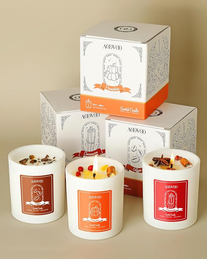 AOOVOO Apple Cinnamon Scented Candles for Women - Aromatherapy Candle with Crystals Inside, 10oz Soy Candles for Home Scented, Birthday Gifts Candle for Women Mom