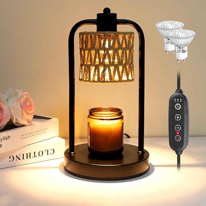 Candle Warmer Lamp with Light Timer: Electric Wax Melt Warming Lamps Dimmable for Jar Candles for Birthday Christmas Gift, Room, New House, Bedroom, Vintage Home Decor (Black + Brown Hemp Rope)