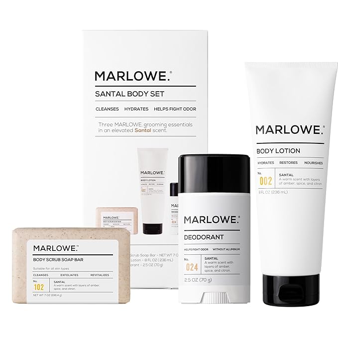 MARLOWE. Men's Grooming Santal Body Set, Features No. 102 Scrub Soap Bar, No. 024 Deodorant & No. 002 Body Lotion, Warm Amber, Sandalwood & Citron Scent