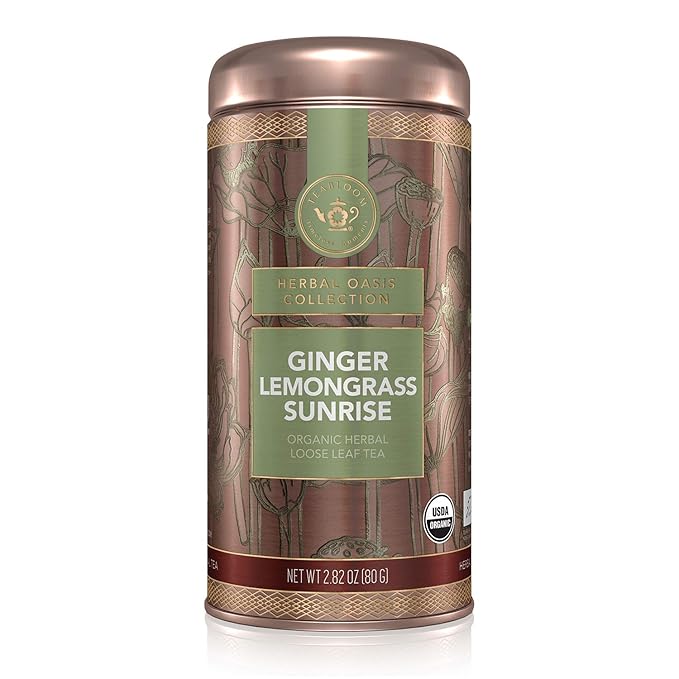 Teabloom Organic Herbal Tea, Ginger Lemongrass Sunrise Loose Leaf Tea, Sweet and Soothing, Fresh Whole Leaf Blend in Reusable Gift Canister, 2.82 oz/80 g Canister Makes 35-50 Cups