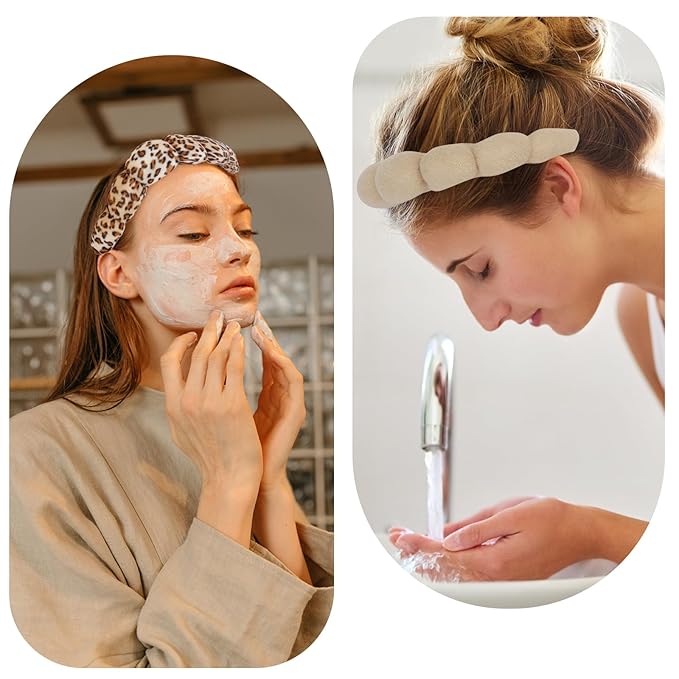 AMCAMI 2 PCS Puffy Spa Headband for Women Sponge Headbands for Girls Terry Towel Cloth Fabric Head Band for Face Washing (Brown & leopard print)