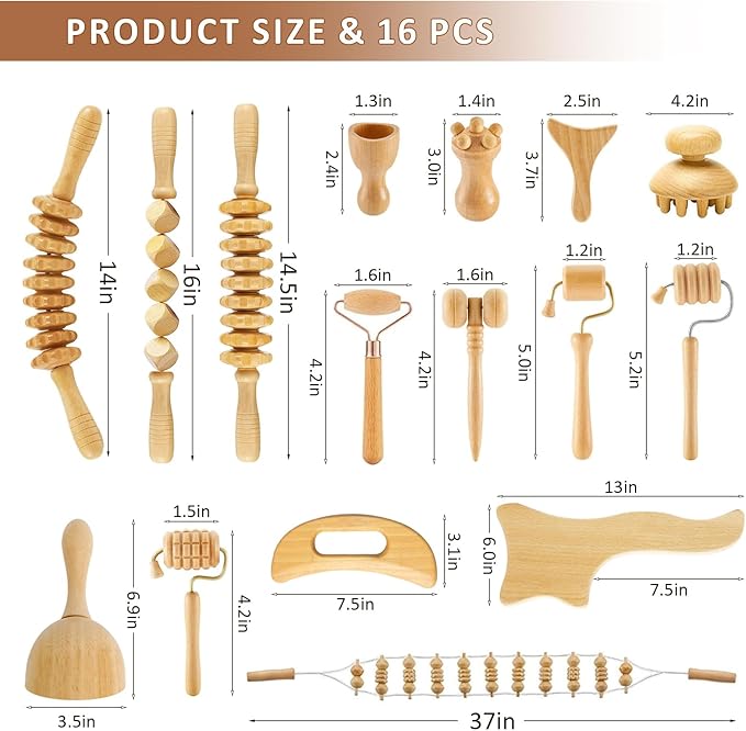 16Pcs Wood Therapy Massage Tools Set, Maderoterapia Kit for Body Sculpting, Lymphatic Drainage & Deep Tissue Massage, Wooden Fascia Roller for Face & Full-Body Muscle Pain Relief