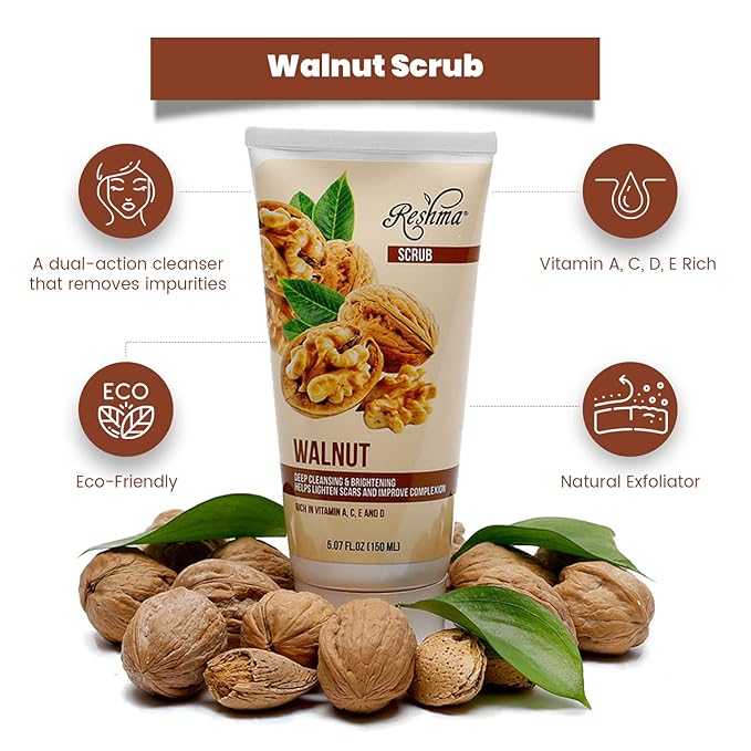 Reshma Beauty Walnut Scrub, Dual Action Cleanser Face & Body Scrub, Gentle for All Skin Types and Dull Skin, Deep Cleansing and Moisturizing, Enhances Natural Glow, Cruelty-Free, 5.07 oz, Pack of 1