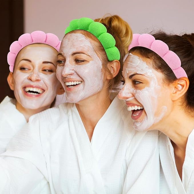 AMCAMI 2 PCS Puffy Spa Headband for Women Sponge Headbands for Girls Terry Towel Cloth Fabric Head Band for Skincare,Makeup Removal,Face Washing,Facial Mask,Shower,Hair Accessories(Green&Light Pink)