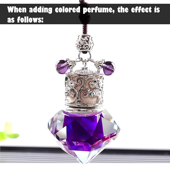 Car Air Freshener Diffuser Hanging Ornament, Diamond-Shaped Empty Crystal Bottle Car Mirror Hanging Accessories, Elegant Bottle Pendant with Wooden Caps Rear View Mirror Accessories
