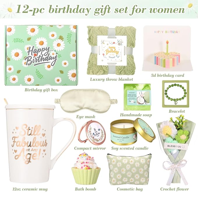 Birthday Gifts for Women, Daisy Birthday Gifts Box for Women Self Care Gift Happy Birthday Gift Baskets for Her ,Wife,Mom,Grandma,Girlfriend ,Best Friend,Sister,Thoughtful Christmas Gifts Box Set with Coffee Mug,Blanket