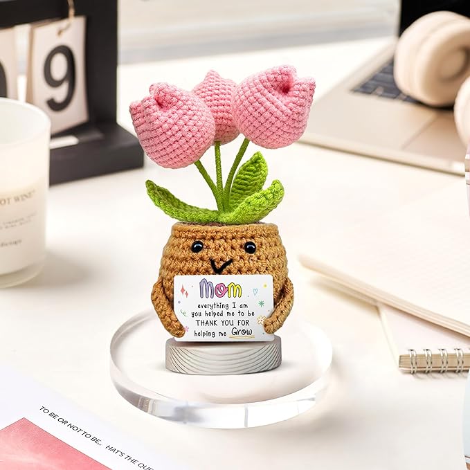 Gossby Gift for Mom - Positive Tulip Flower Crochet Doll with Card - Thank You for Helping ME Grow - Christmas, Mothers Day, Birthday Mom Gift from Daughter Son Kid - Handmade Crochet Plant Decor