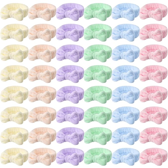 WILLBOND 48 Pieces Pastel Spa Headband Bulk Flannel Bow Hair Band Fluffy Plush Facial Makeup Headband for Women Washing Face Spa Shower Cleansing