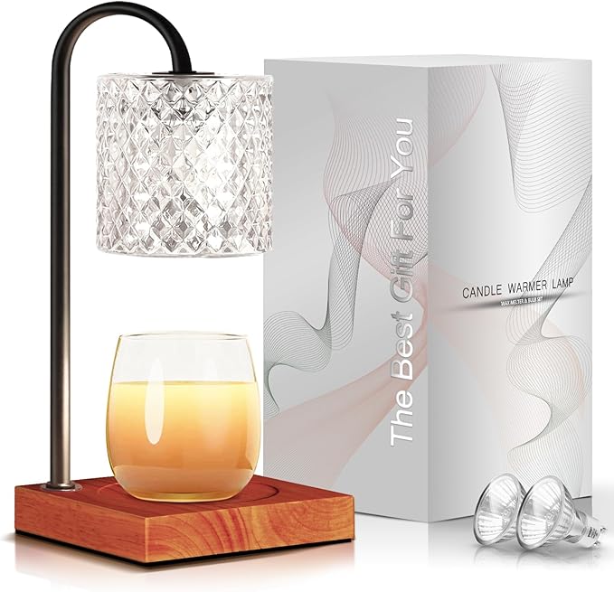 Candle Warmer Lamp, Candle Lamp Wax Warmer, Timer & Dimmer 7-Levels, Fits Cup Jar Candle, Top Melting, Crystal Heater Lamp for Scented Wax, Elegant Home Decor, Clear & Brown