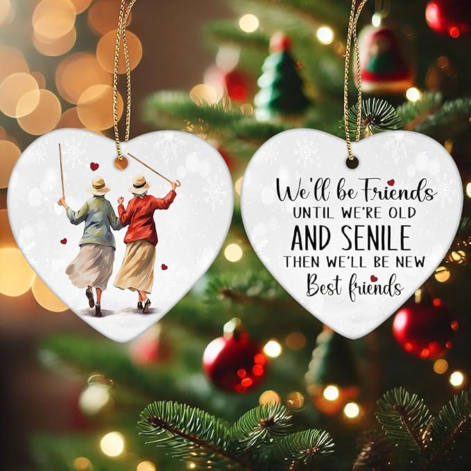 1pc 2 Side Printed We'll Be Friends Ceramic Ornament 2025, Heart-Shaped Christmas Tree, Cute Keepsake Decoration