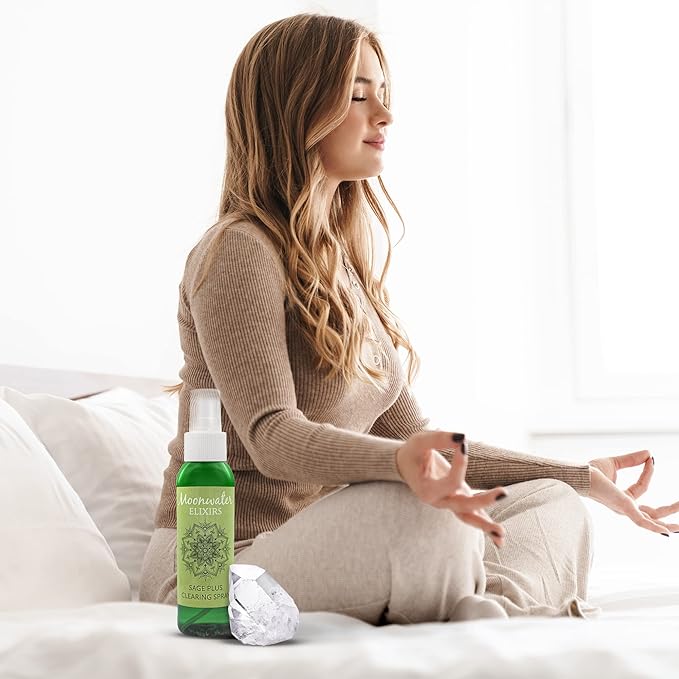 White Sage Smudge Spray for Spiritual Cleansing & Aura Protection, Sage Spray for Cleansing Negative Energy & Protection, Home & Meditation, Clear Quartz Reiki Energized Aromatherapy Room Mist 2X 8oz