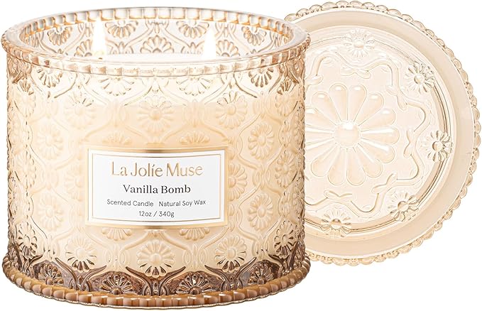 LA JOLIE MUSE Vanilla Bomb Candle – Lemon Zest, Fressia & Patchouli | 12 oz Large 2-Wick Soy Wax Candle | 60 Hours Clean Burn | Gift-Ready for Hosts | Elegant Home Décor