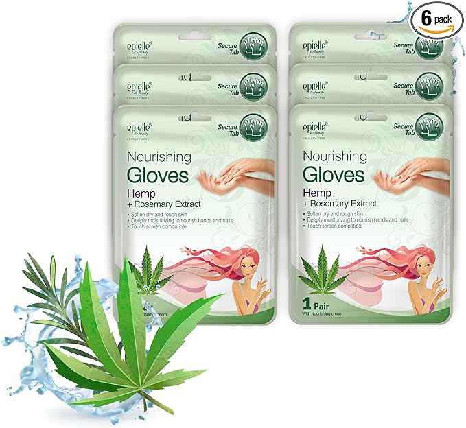 Epielle Nourishing Hand Masks 6 Pairs, Deep Moisturizing Gloves for Dry, Cracked Hands, Repair and Nourish with Hemp & Rosemary Extract, Spa & Self Care Gifts for Women, Korean Skin Care