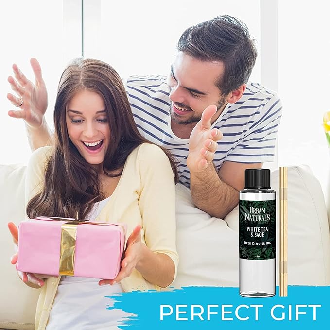 Urban Naturals Reed Diffuser Oil Refill White Tea & Sage, Sparkling Bergamot, Fresh Sage, 4 oz + Free Reed Sticks, Made in The USA