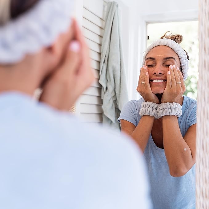 FROG SAC Spa Headband and Wristbands for Face Washing, Fuzzy Skincare Make Up Headbands Set for Women, Soft Puffy Makeup Skin Care Facewashing Hair Band Accessories for Girls (Gray)