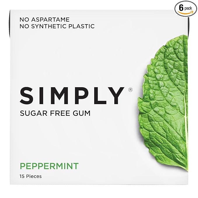 SIMPLY Gum | Dental Gum | Xylitol Chewing Gum - Sugar Free | Peppermint | Pack of Six (90 Pieces Total) | Synthetic Plastic Free + Sugar Free + Aspartame Free